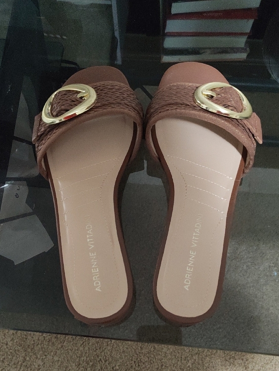 Adrienne Vittadini Shoes - Adrienne Vittadini Tan Brown Slide Mules with Gold Buckle